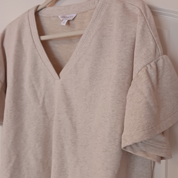 Soft Cotton Cream V-Neck Ruffle Sleeve Lightweight Sweatshirt - Picture 6 of 7